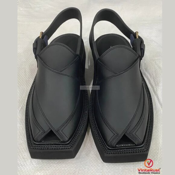 Handmade Black Leather Peshawari Chappal Sandals: Gents Footwear main image 7